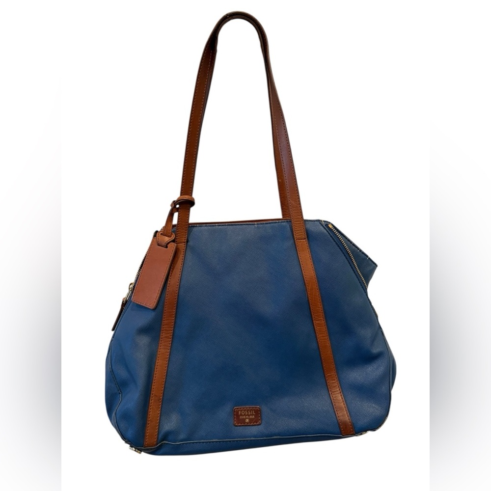 Fossil Blue travel Tote with Brown Straps